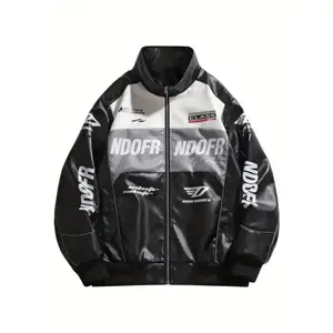 [Leather Biker Jacket] Green & Black Men's PU Leather Biker Jacket - Color Block Racing Style with Zipper Closure, Stand Collar, Bird Sleeve Casual Fabric Menswear Coats Polyester Tops 【Red】