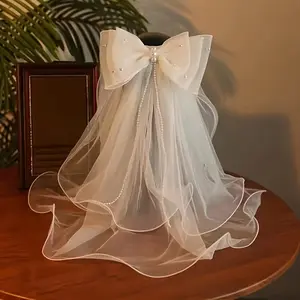 [Fashionable Bridal Veil] Elegant Double Bow Bridal Veil - Simple, Fashionable Lace Headdress for Wedding Day