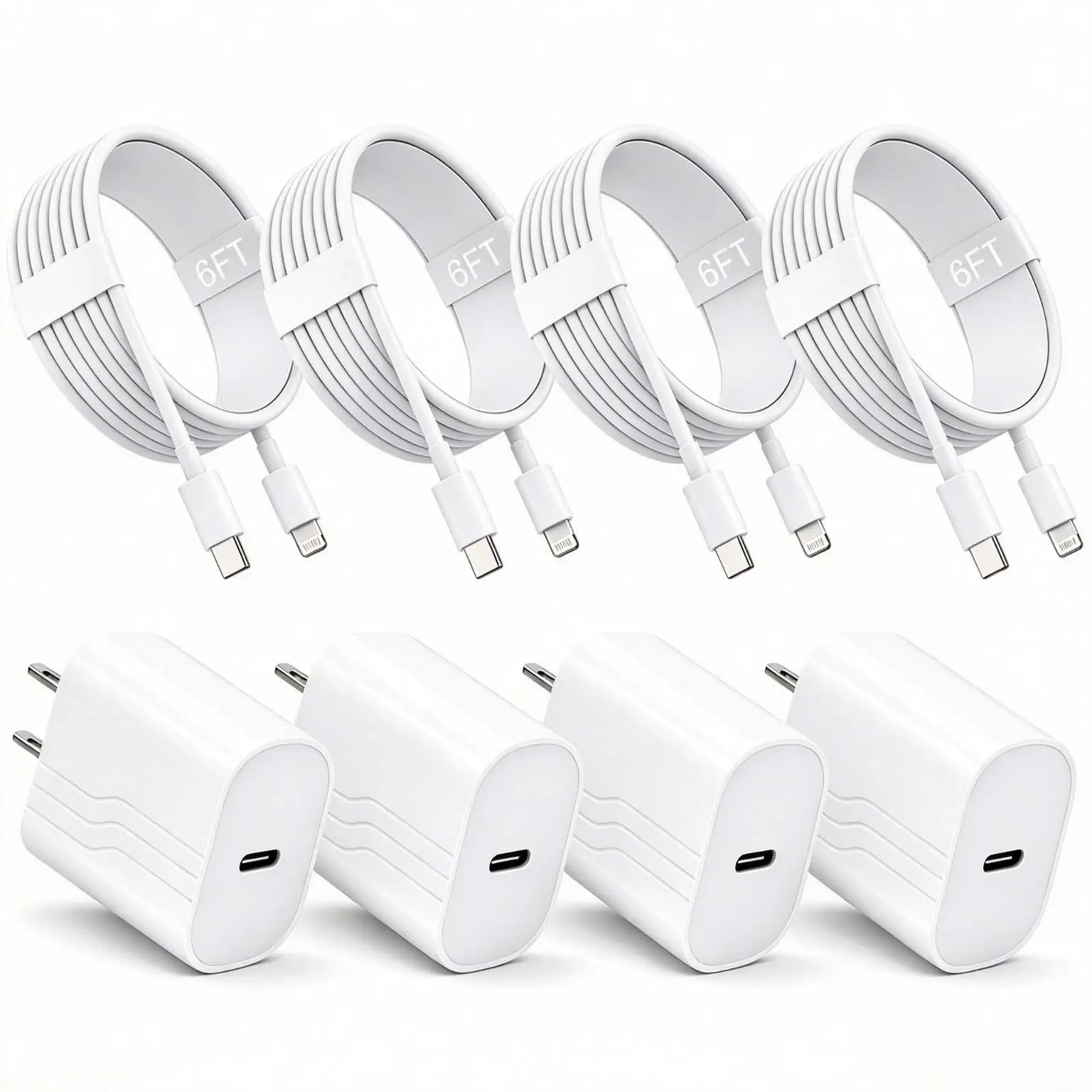 4-Pack 20W USB-C Fast Charger Blocks with 6FT Type-C Cables, US Plug PD 3.0 Mobile/Cellphone Charger for iPhone 18/17/16/15, High-Speed PD Support Wall Adapters