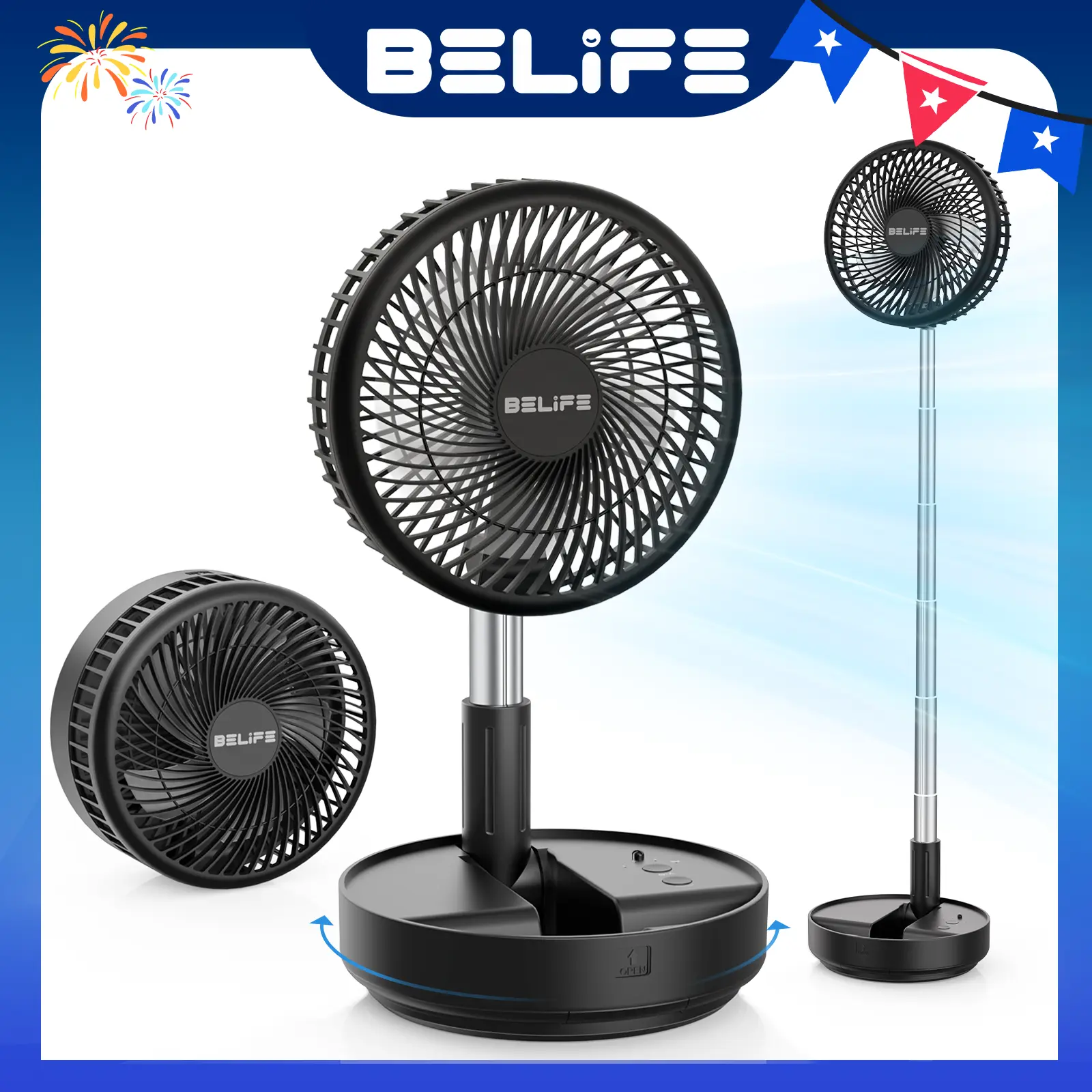 Belife X8 Compact Cordless Oscillating Fan - Remote-Controlled, Foldable Telescopic Adjustable Height, 7200mAh USB-C Rechargeable, Fold for Travel, Desk or Standing Mode Fits Any Room, Fan for Bedroom
