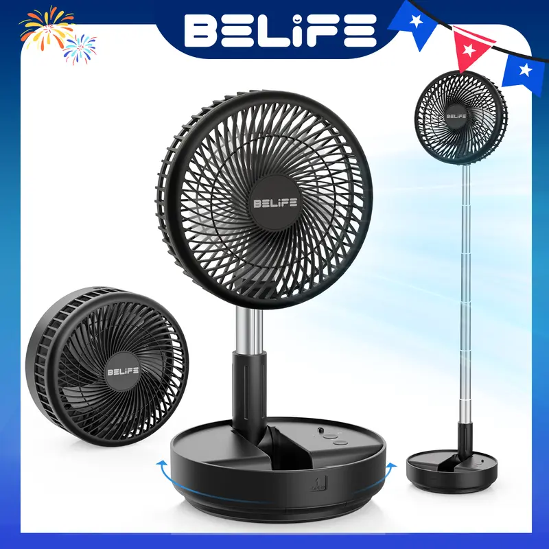 Belife X8 Compact Cordless Oscillating Fan - Remote-Controlled, Foldable Telescopic Adjustable Height, 7200mAh USB-C Fast Charge Battery Powered, 2.07 lb, Anti-Slip Base, Desk/Standing Mode, Fan for Bedroom & Travel