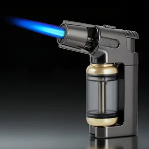 Butane Lighter, Jet Refillable Butane Lighter with Safety Lock, Fuel Tank,, Windproof Mini Blow Lighters for Cooking Creme Brulee BBQ Candle, No Gas