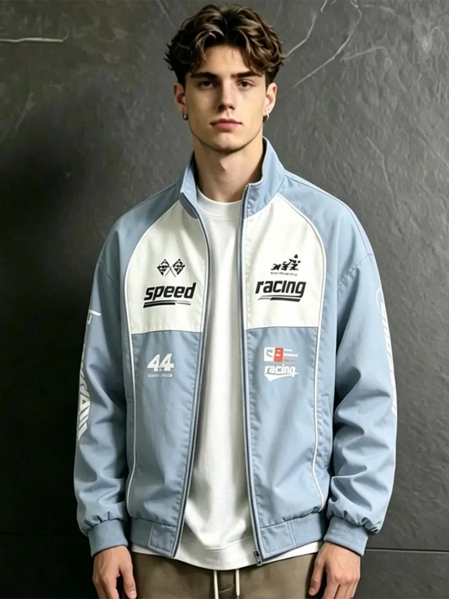 Men's Quiet Luxury Retro Motorsport Track Jacket - Black-White Geometric Split Panel, 44 Number Graphic, Stand Collar, Full-Zip Wind Lock, Soft Breathable Wrinkle-Free Outerwear for Gym, Commute; Zipper Design, Pair with Jeans, Tops, Sneakers, Fabric, Sla