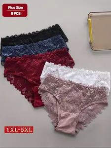 【Plus Size】 Contrast Lace Panty, Soft Comfy Breathable Knicker for Daily Wear, Women's Underwear for All Seasons, Fashion Comfy Underwear