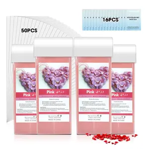 Rose Roll On Wax Refill Kit, 4 Pack Wax Cartridges with 50 Wax Strips & 16 Wipes, At-Home Hair Removal for Legs, Arms & Underarms