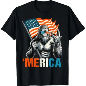 Bigfoot Merica Rock American Flag Patriotic 4th of July T-Shirt