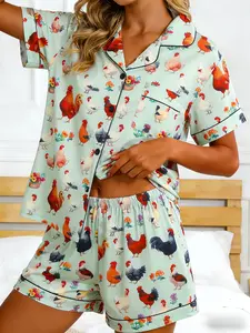 Women's 2-Piece Pajama Set, Casual Fitted Sleepwear, All-Over Print Design, Chicken, Pjs, Loungewear, Short Sleeve Open Front Top & Shorts, Spring Summer Fall Winter