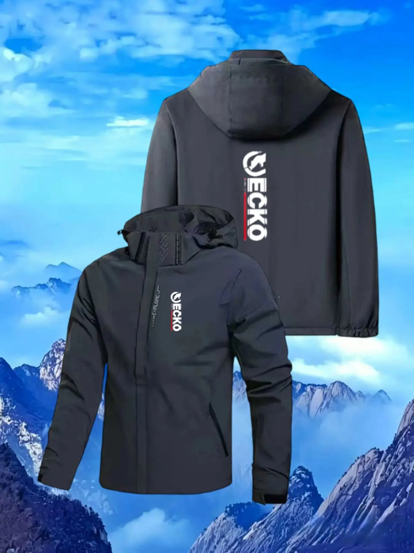 Ecko Colorful Print Hooded Jacket, Unisex Outdoor Windproof Waterproof Coat, Fashion Loose-Fit Geometric Pattern, All Seasons Wear