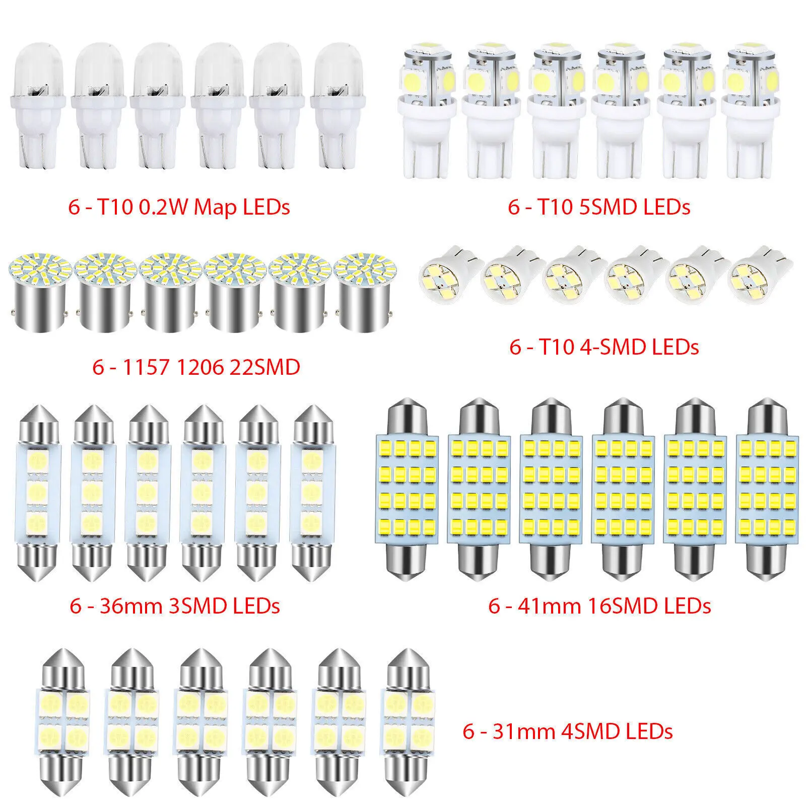 42PCS 6500K Car Interior LED Light Bulbs White Map Dome Door Trunk License Plate Kit USA