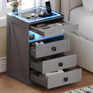 Nightstand With Lockable Gun Drawer,Farmhouse Bedside Table With Charging Station And 3 LED Lights, Modern Night Stand With 3 Drawers,Glass Top End Side Table For Bedroom