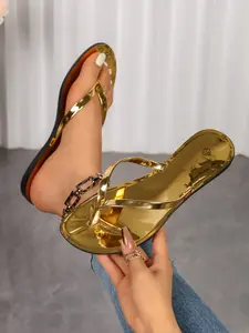 Women's Metallic Flip Flops, Thong Design, PU Material, Rubber Sole, Casual Style, Perfect for Beach & Vacation