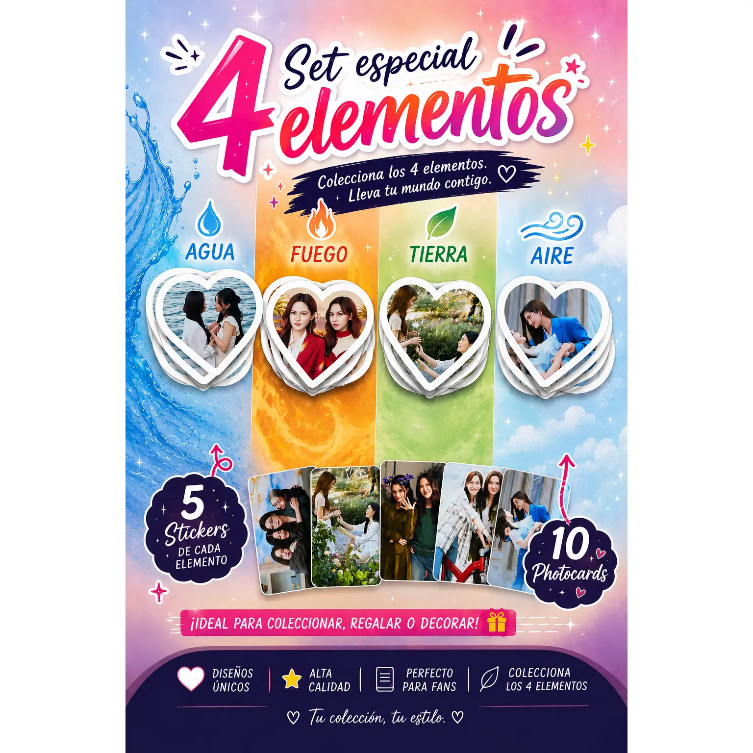 4 Elementos Set Especial (20 stickers en total, 5 de cada elemento) y 10 Photocards