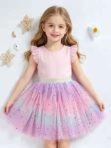 Girls' Rainbow Mesh Tutu Skirt, Star Moon Design, Half-Length Dance Dress, Short Skirt for Children, Perfect for Performances, Pleated Mesh Skirt, Multicolor Skirt, Ruffle Skirt