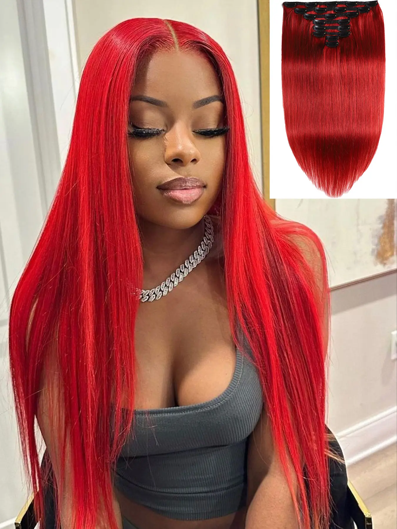 8 Pcs Clip In Hair Extensions Straight Glueless Human Hair For Women Trendy Red Seamless Clip Ins with 20 Clips 120g Double Wefts for Festival Party Photoshoot Double Weft Hairpieces