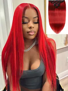 8 Pcs Clip In Hair Extensions Straight Glueless Human Hair For Women Trendy Red Seamless Clip Ins with 20 Clips 120g Double Wefts for Festival Party Photoshoot Double Weft Hairpieces