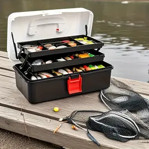 Heavy-Duty Large Fishing Tackle Box with 3-Tier Organizer Compartment, Spacious Lid, Portable Fishing Case with Handle - Ideal Gift for Professional & Amateur Anglers, Fathers Day Present - Black Fishing Gear Storage Box, Angler Essentials,
