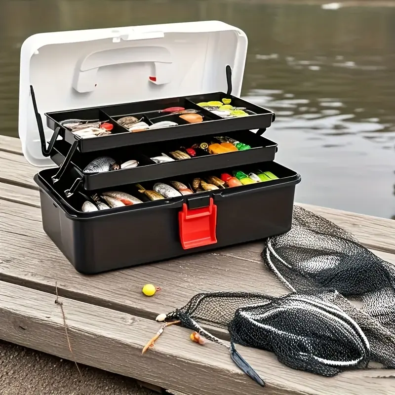 Heavy-Duty Large Fishing Tackle Box with 3-Tier Organizer Compartment, Spacious Lid, Portable Fishing Case with Handle - Ideal Gift for Professional & Amateur Anglers, Fathers Day Present - Black Fishing Gear Storage Box, Angler Essentials,