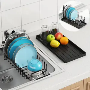 Expandable Over Sink Small Dish Drying Rack with Silicone Drying Tray, Kitchen Counter Dish Drainer with Cutlery Holder, Fits 14''-19'' Kitchen Sink