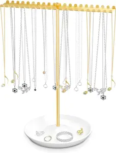 Jewelry Organizer Stand, Metal Necklace Holder Display With 42 Hooks, Gold Jewelry Holder for Necklaces, Bracelets, Rings, Bedroom College Dorm Decor for Women and Girls