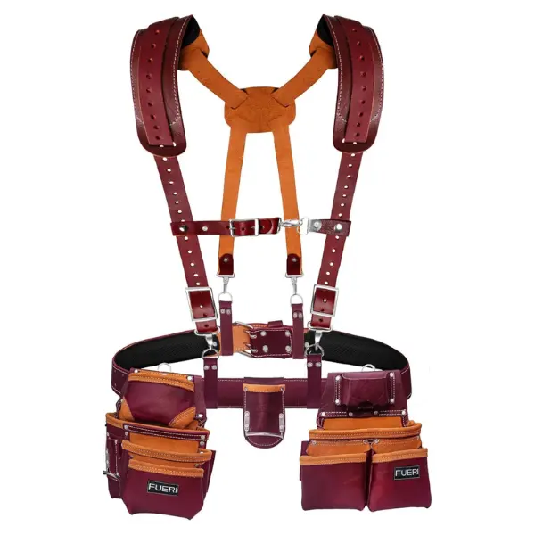 FUERI 19 Pocket Leather Tool Belt with Suspenders,Comes with Padded Belt, Big Pouches, Hammer Holder,Suspender loops and Leather Suspender, Ideal for Construction Workers, Carpenters and Electrician.