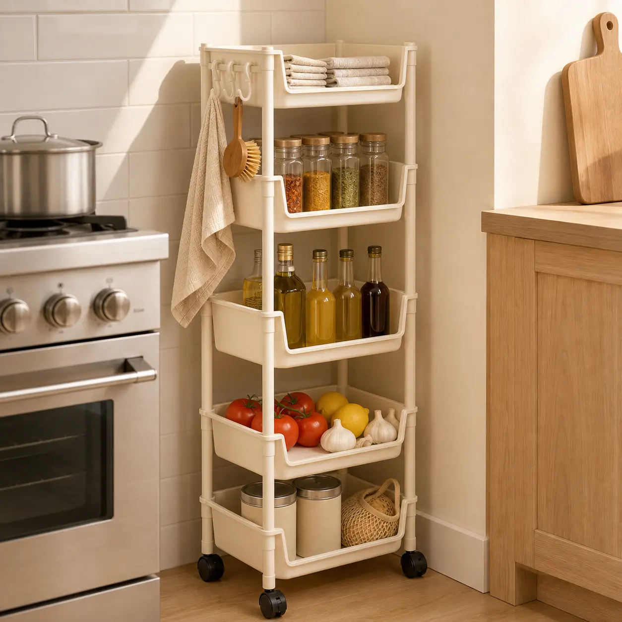 PeaWove Modular Slim Storage Cart with Wheels | 5-Tier Vertical Utility Organizer with Lockable Casters for Narrow Spaces