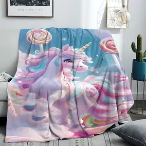 Rainbow Unicorn Print Flannel Blanket, Soft Comfortable Throw for Bed Sofa Office Camping, Modern Style Home Decor Gift