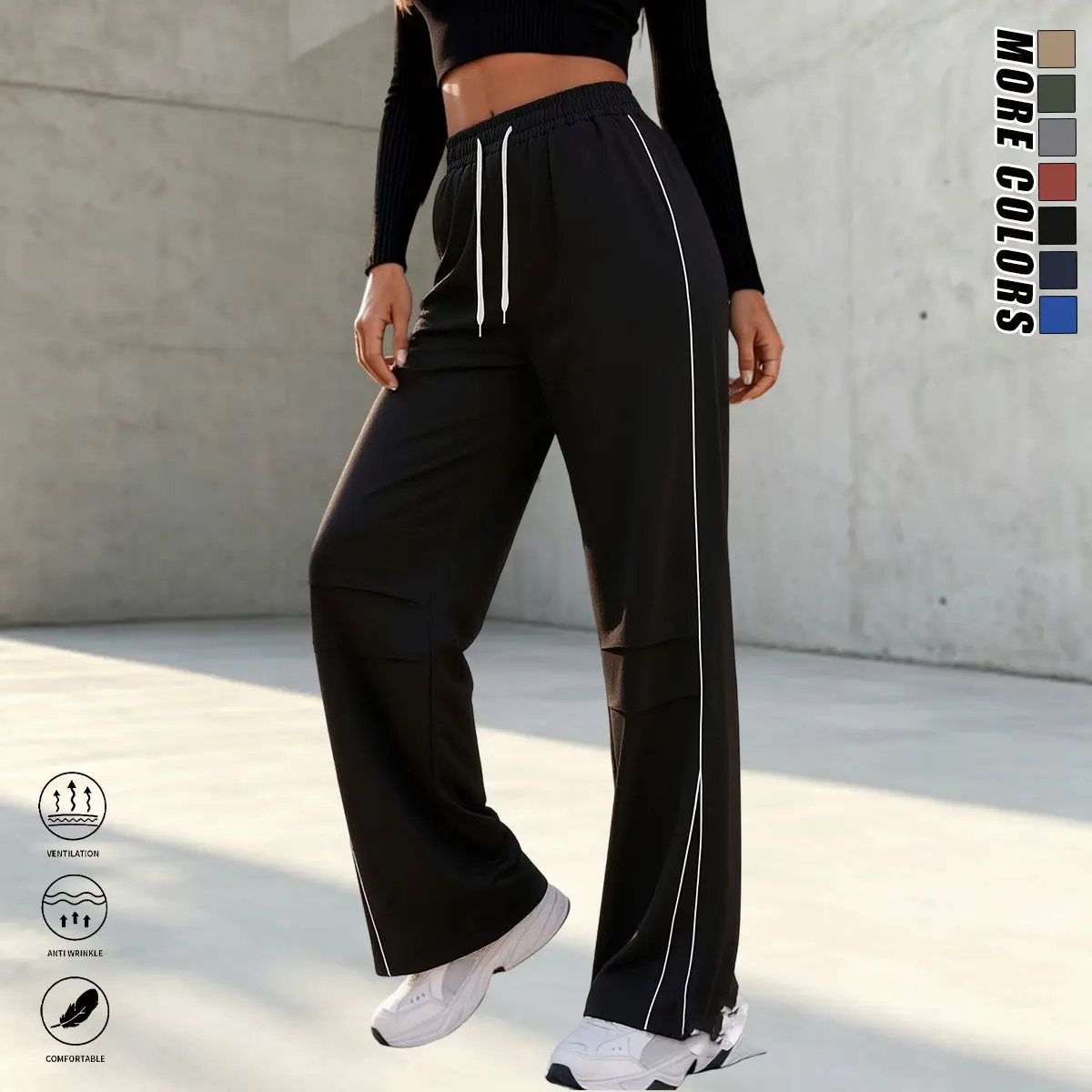 Women's Basic Activewear Sportswear Athletic Bottoms, Solid Color Casual Long Pants with Adjustable Drawstring, Elastic Waistband for Everyday Wear, Fitness, Polyester, Comfy Pants