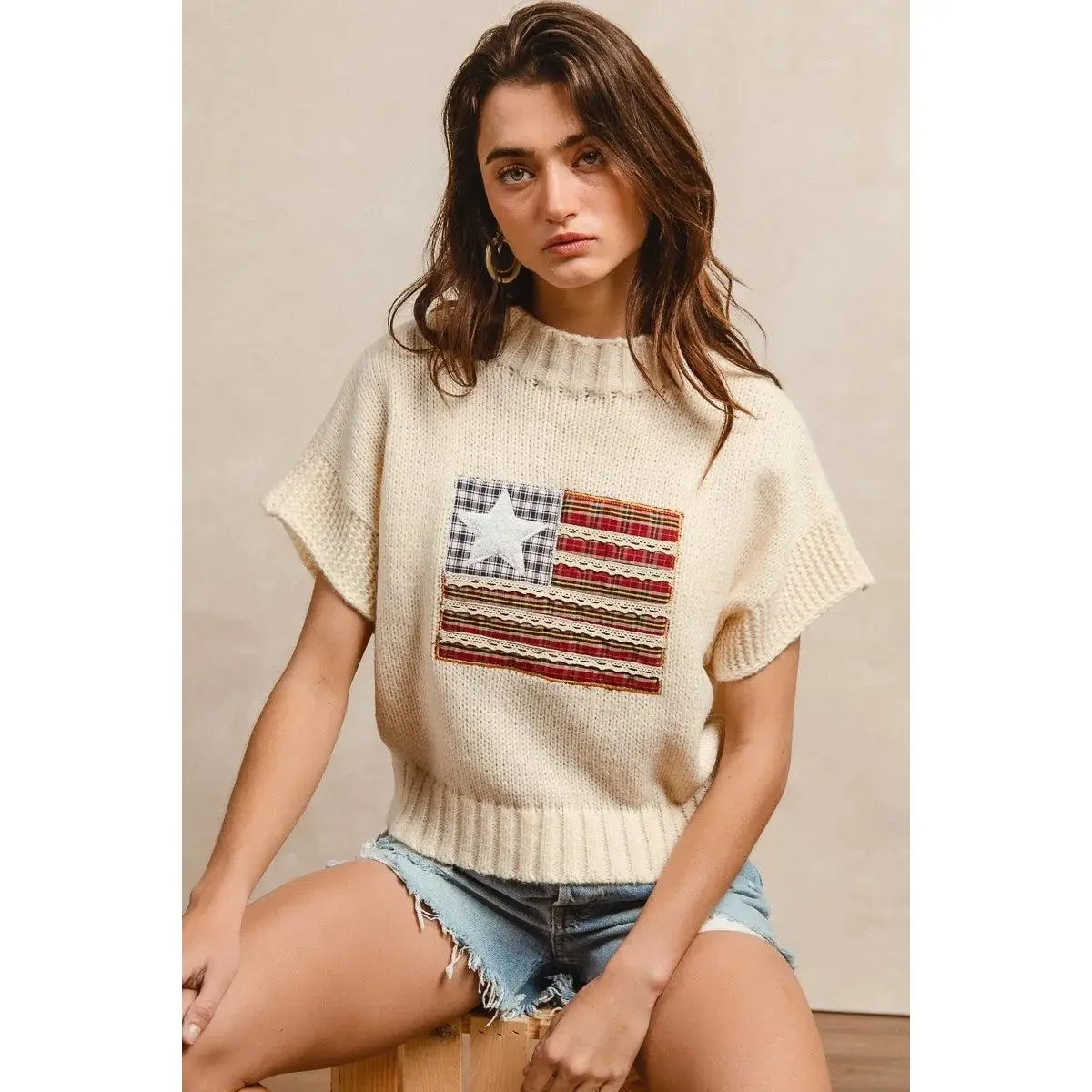 BiBi American Flag Patchwork Drop Shoulder Sweater