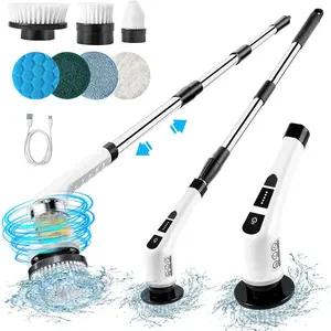Electric Rotating Floor Cleaner, Rechargeable Powerful Brush, Adjustable Extendable Handle, 2 Speeds, 7 Replaceable Heads, Bathroom & Kitchen Cleaning, Cordless Floor Cleaner