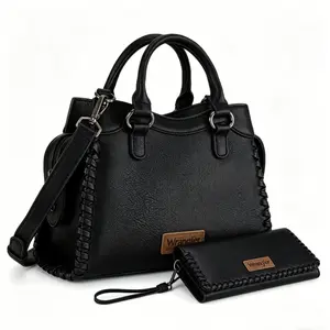 Wrangler Carry-All Whipstitch Tote Daily Use Handbag for Women Top Handle with Wristlet Wallett,2Pcs Set Leather Satchel