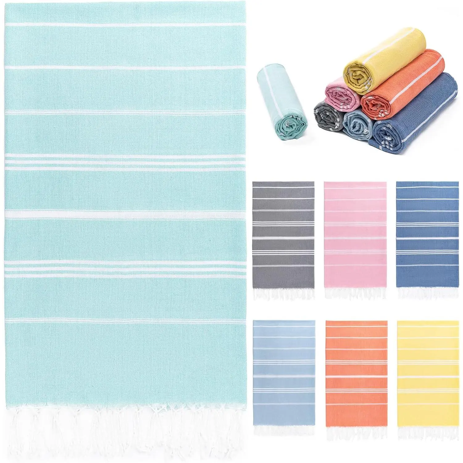 Turkish Beach Towel, 36"x71" Quick Dry Sand Free  Bath Pool Swim Towel, Lightweight Travel Turkish Towels Vacation Essentials, Aqua