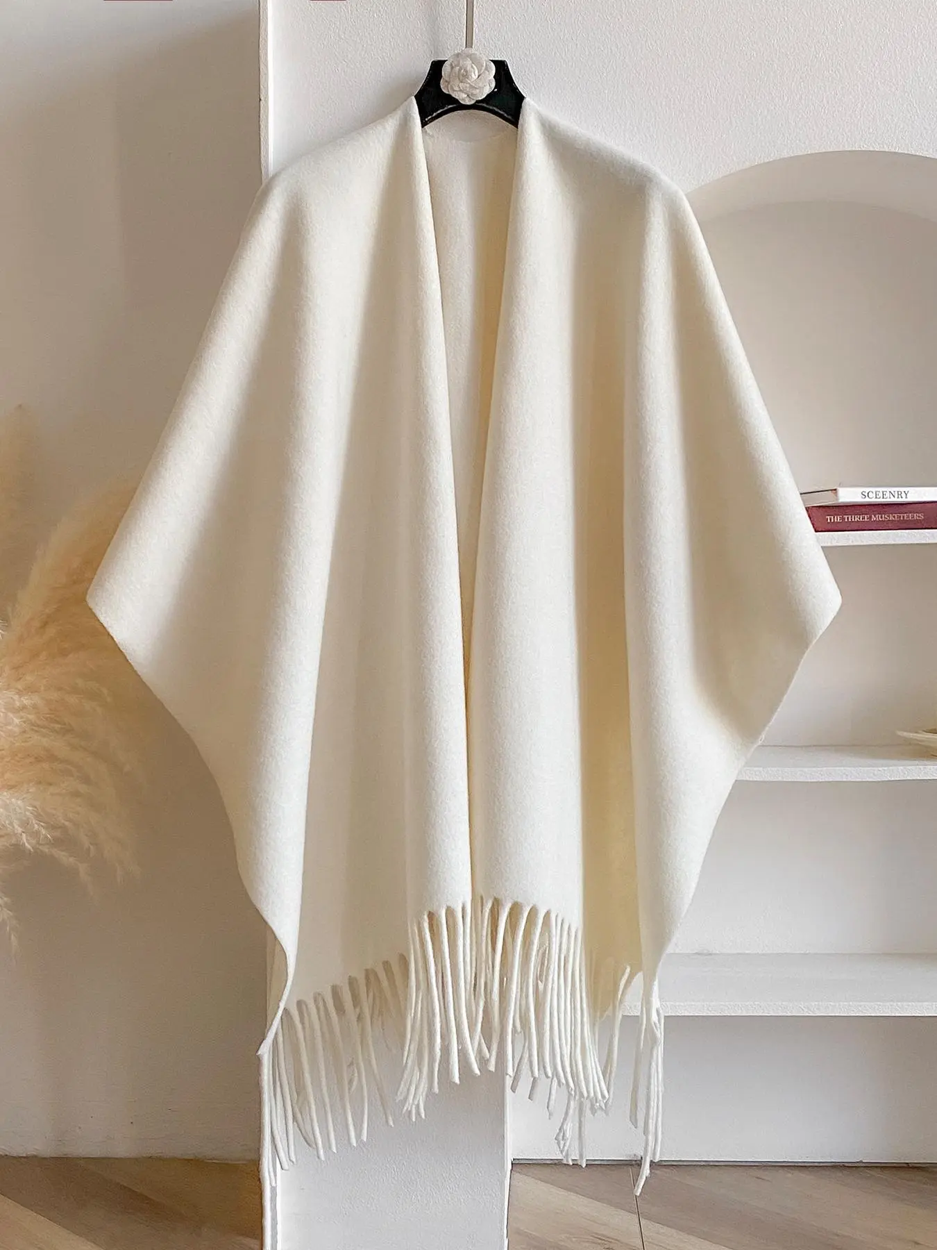 Solid Color Fringe Trim Shawl, Boho Style Scarf, Boho Style Warm Cape for All Seasons, Fashion Accessories for Women & Men, Trendy Solid Shawl