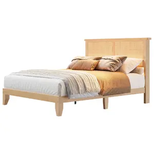 Garvee Queen and King Size Rattan Bed Frames with Natural Rattan Headboards, Bohemian Style, LED Lights, Sturdy Wooden Legs and Slats, Silent Support, No Box Spring Needed, Easy Assembly, and Storage Options