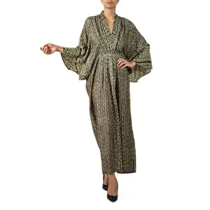 MORPHEW COLLECTION Brown & Green Indian Block Printed Silk Butterfly Sleeve Kaftan Dress