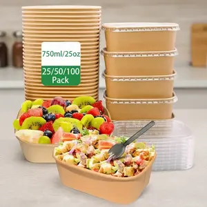 25oz/750ml 25/50/100 Pack Disposable Kraft paper bowls with lids, Disposable Tableware, Rectangle Food containers Soup Bowls Party Supplies Treat Bowls