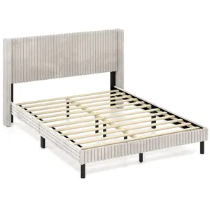 COSTWAY - Queen Size Velvet Bed Frame with Vertical Channel Tufted Wingback Headboard-White