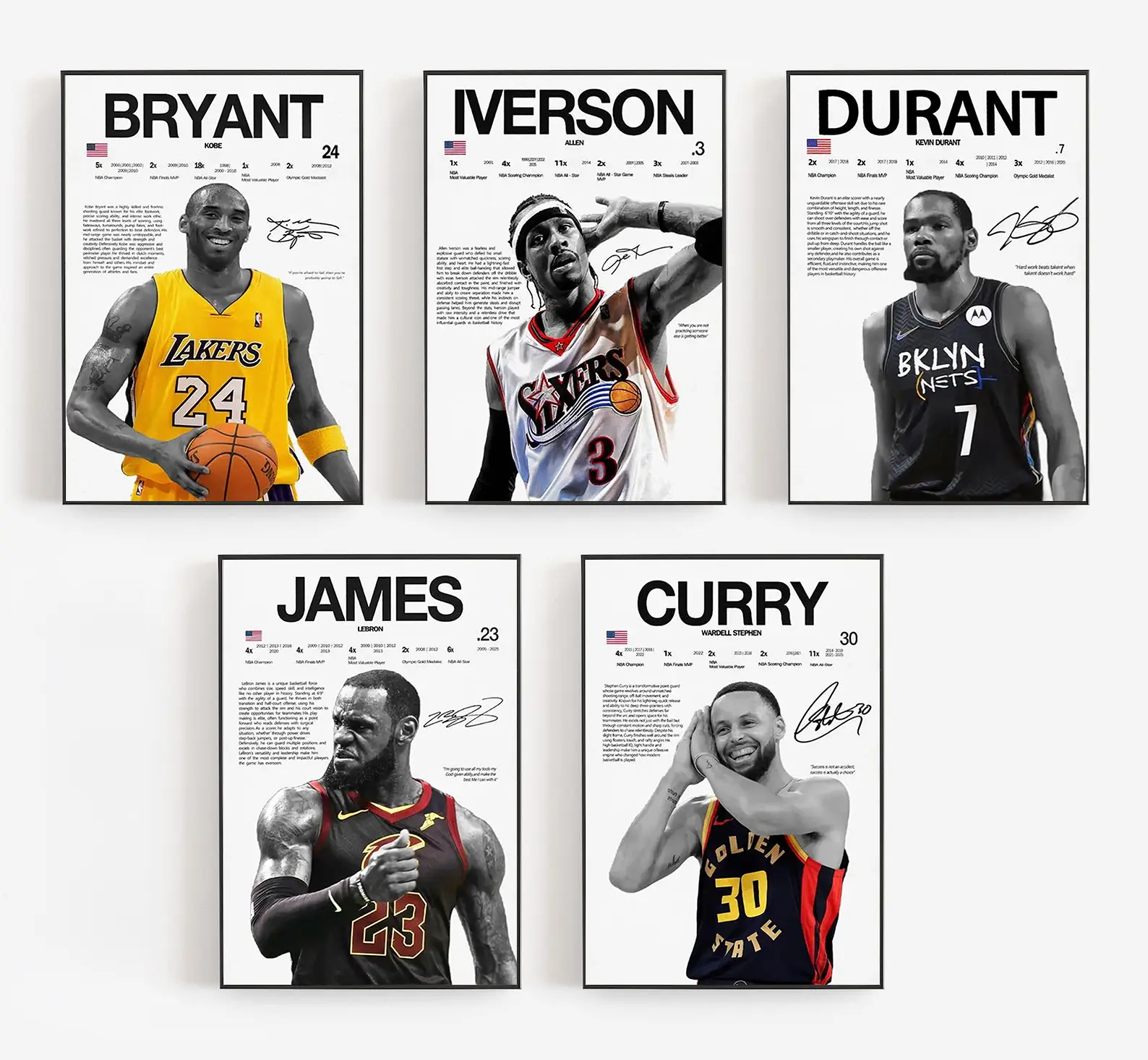 Basketball Superstar Canvas Print Poster (Kobe, Iverson, LeBron, KD, Curry) - Home Wall Decor, Teenage Boy Gifts, Cool Stuff for Teens, Boys Room Accessories for Bedroom Dorm, Room Decorations