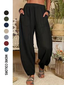 【plus size】 solid color pocket harem pants, casual comfy baggy trousers for daily wear, women's bottoms for summer