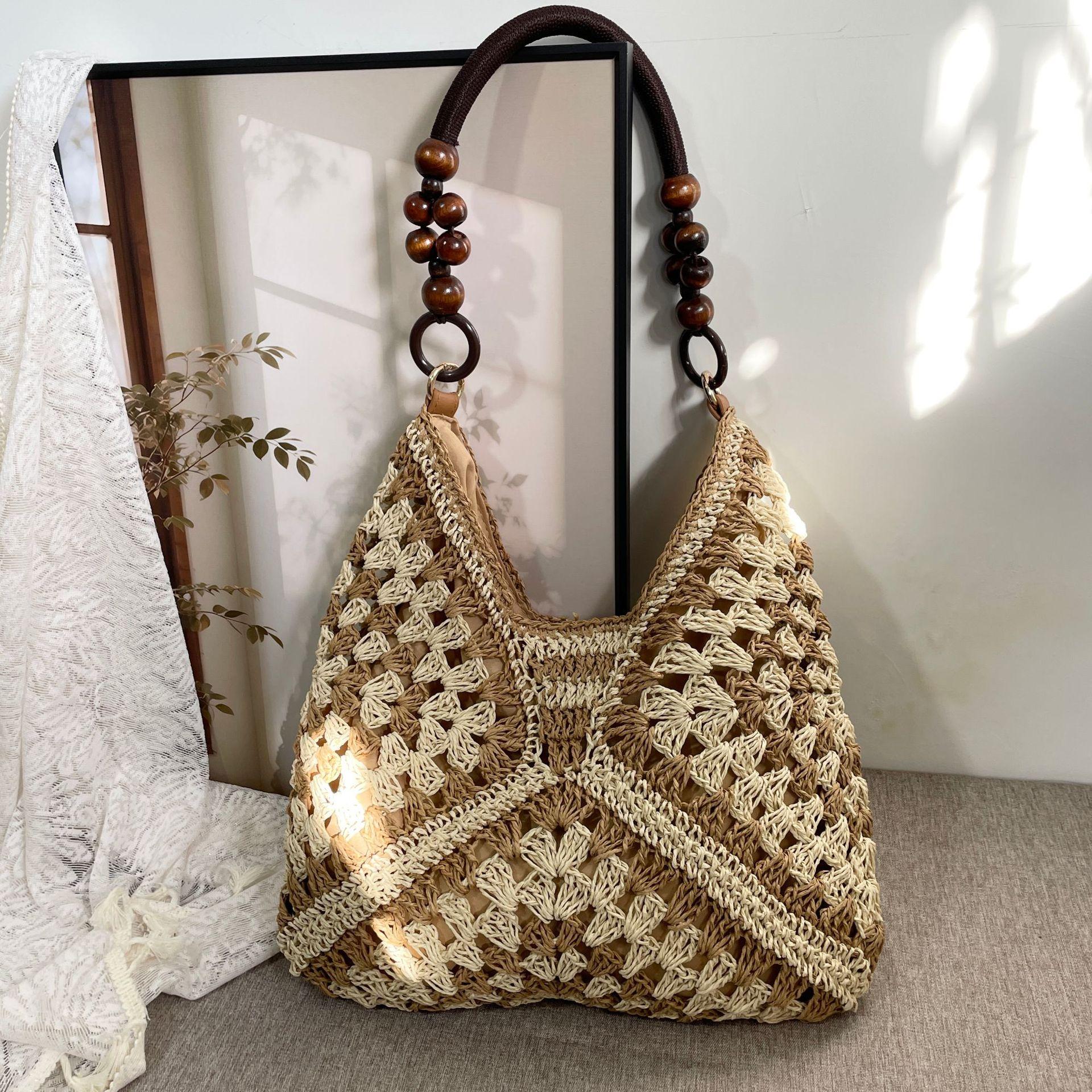 New Fashionable Handmade Woven Bag Versatile Paper Rope Crochet Straw Beach Shoulder Bag for Vacations and Summer Outings