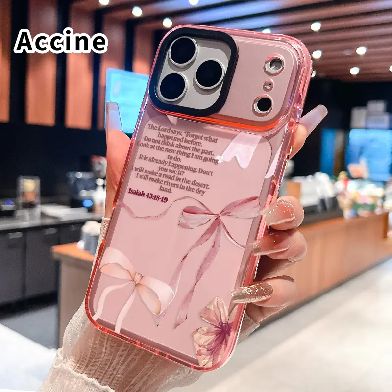 Phone case for iPhone 17 16 Pro Max 15 Plus 14 13 12 11 Air Pink Bow Blessing Non-Yellowing Shockproof Soft Silicone Transparent Cover