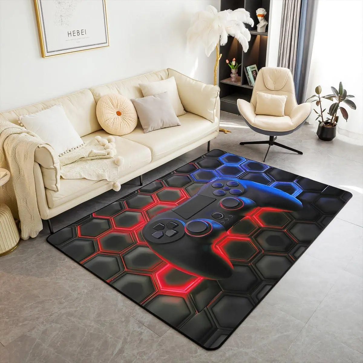 Game Console Rectangular Decorative Washable Rug,Space Universe Gaming Area Rug ,Video Games Carpet,Game Room Decor Indoor Floor Mat Red Blue Honeycomb