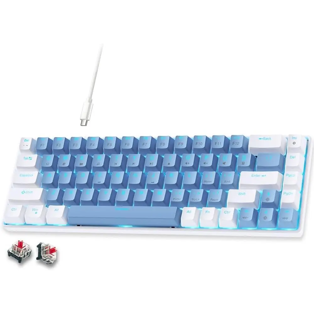 60% Mechanical Gaming Keyboard, Red  Wired Compact Keyboard with Blue Backlight, Swappable Blue White Keycaps, for Windows/