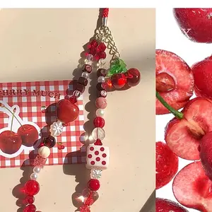 Cherry-style resin beaded phone strap - Cute and charming lanyard, made with red and white beads, perfect for decorating cameras and phones, an ideal gift for women who love cherries, Phone Charms