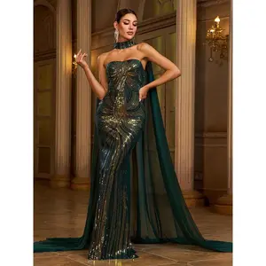 New Long Sleeve Round Neck Long Sequin Party Cape Mermaid Evening Dress Bridesmaid Dress Women