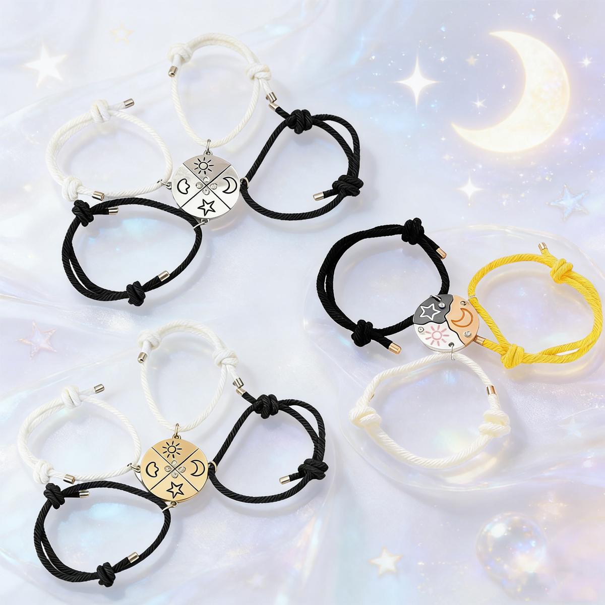 Best Friend Bracelets Set of 3/4, Sun Moon Star Puzzle BFF Split Design, Matching Friendship Magnetic Pendant  for Women & Girls, Trio Gift Idea