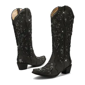 Trendy Western Cowboy Boots Women | Glitter Rhinestone Chunky Heel Dress Boots
