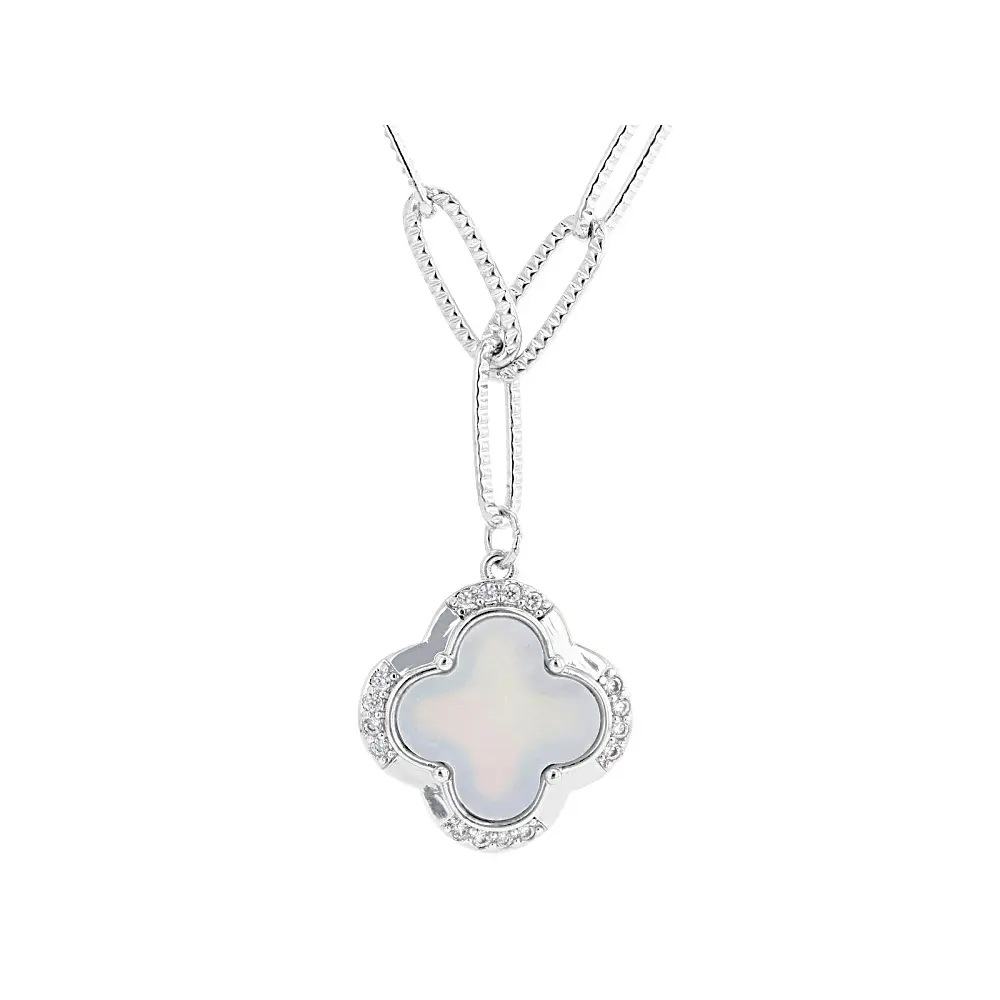 JTV Mother-of-Pearl and White Cubic Zirconia Rhodium Plated Necklace 0.19ctw