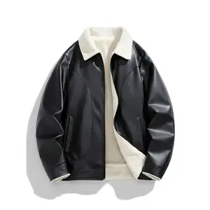 Men'S Faux Fur Lined Leather Jacket - Casual Polyester Sherpa Biker Coat with Zipper, Non-Stretch Fabric, Solid Color, Lapel Collar, Pockets, Regular Fit for Autumn and Winter