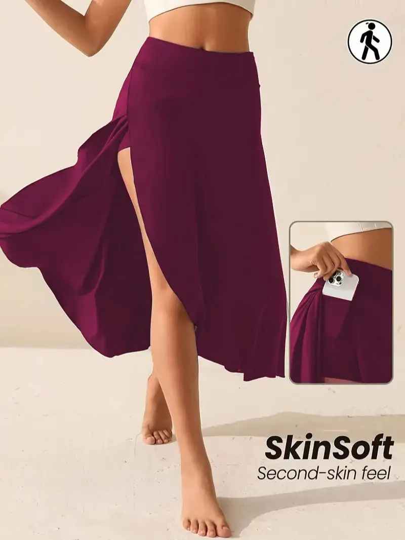 Women High Waist Split Midi Skirt With Built-in Shorts Side Pocket Soft Stretch Workout Athletic Skort For Beach Yoga Daily