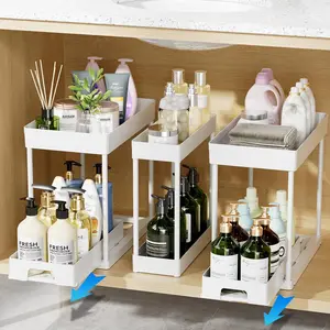 3 Pack Under Sink Organizers and Storage, 2 Tier White Bathroom Cabinet Organizer, Multi-Use Kitchen Bathroom Organizers and Storage, Under Counter Organizer with Hooks